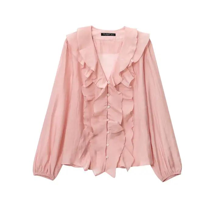 Chemisier en mousseline rose à volants HH pour femme, collection été 2026, col en V, boutonné, manch