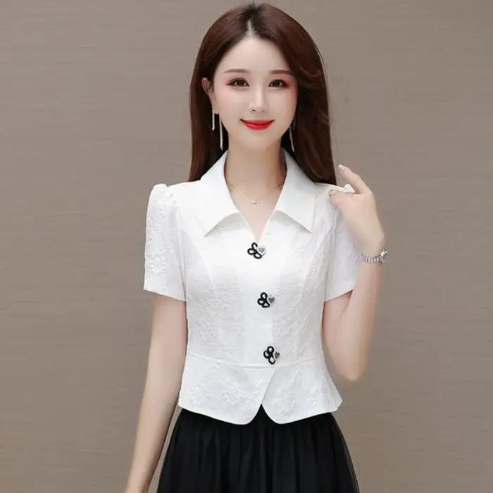 Chemise à manches courtes et col Mandarin pour femmes, haut court Unique et Chic, cintré à la taille