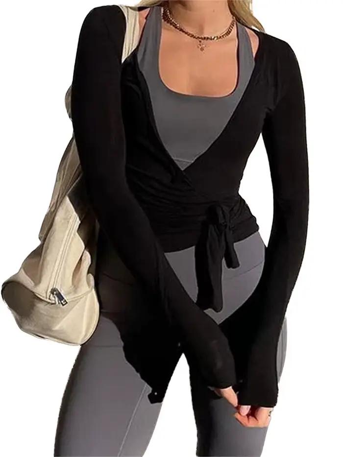 Femmes Sexy Wrap culture hauts T-Shirts à manches longues col en V profond cravate entraînement Ball