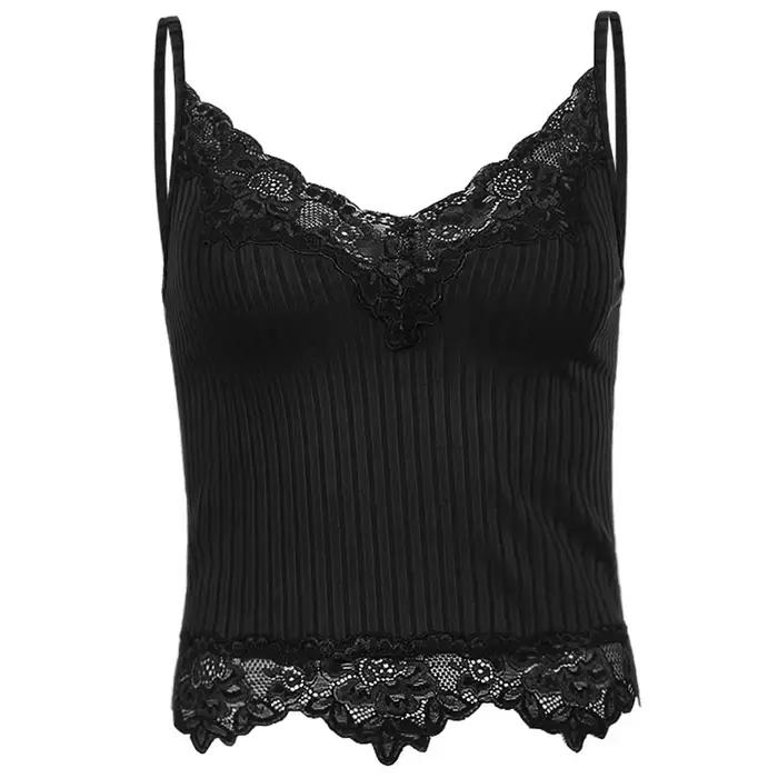 Camisole en patchwork de dentelle esthétique gothique pour femme, col en V, court rétro, marron, mod