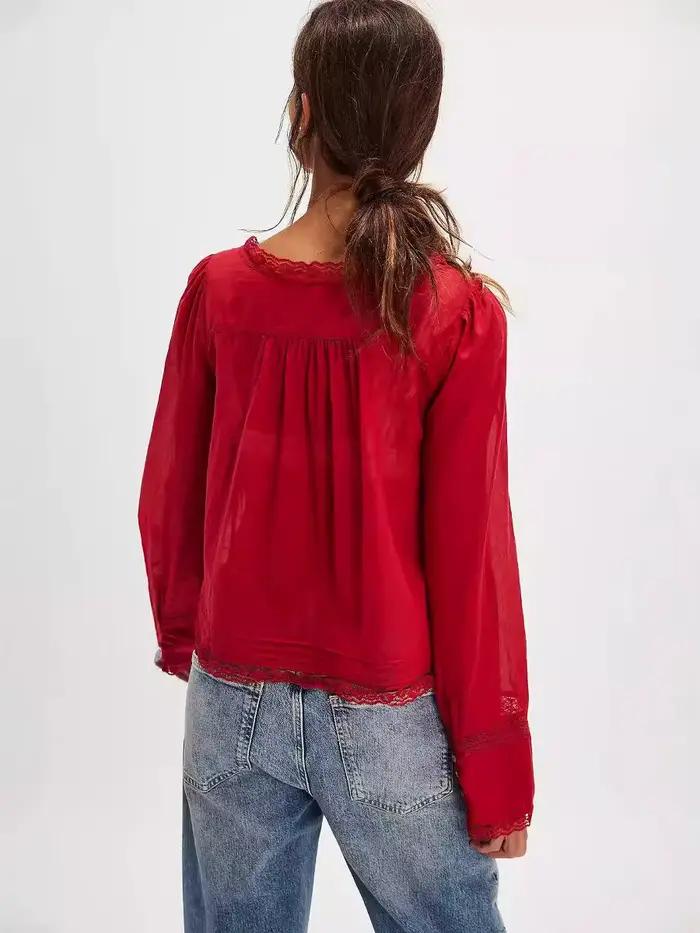 Chemisier en dentelle de coton pour femmes, chemise ample, Vintage, Style français, manches longues 