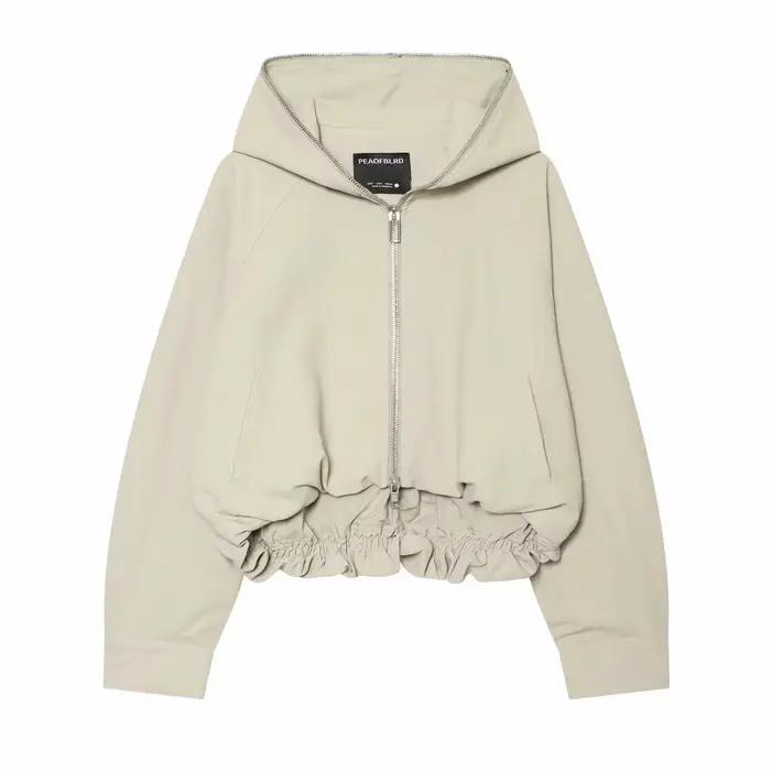 Veste courte à capuche zippée pour femme, coupe ample, à manches longues, avec cordon de serrage éla