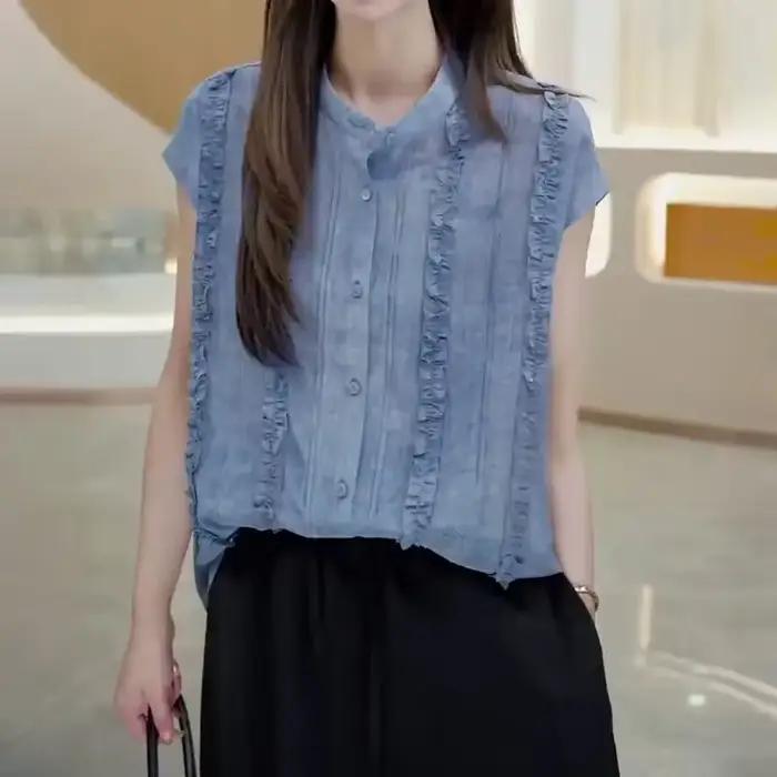 Chemisier sans manches bleu clair à volants pour femme, coupe ample, style bohème, haut décontracté 