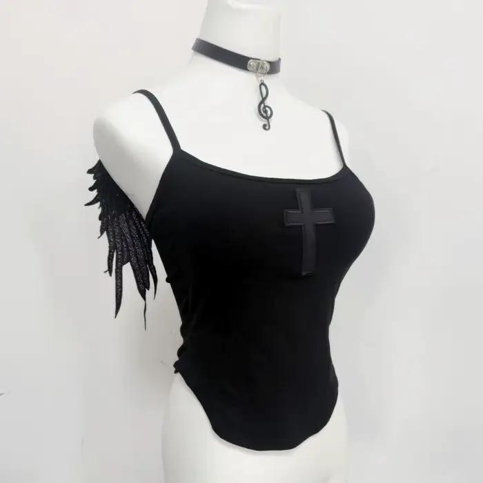 Débardeur brodé Ailes d'Ange Gothique Hot Girl Col Carré Croisé Blanc Noir Dos Magnifique Camisole S