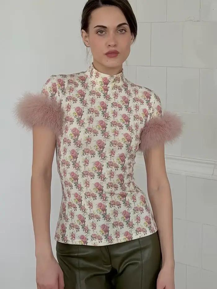 T-shirts pour femmes à manches courtes en plumes, hauts décontractés d'été, coupe ajustée, mode, pou