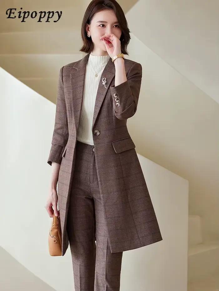 Blazer long à carreaux pour femme, veste et pantalon de surintendant, vêtements d'affaires, rouge, b