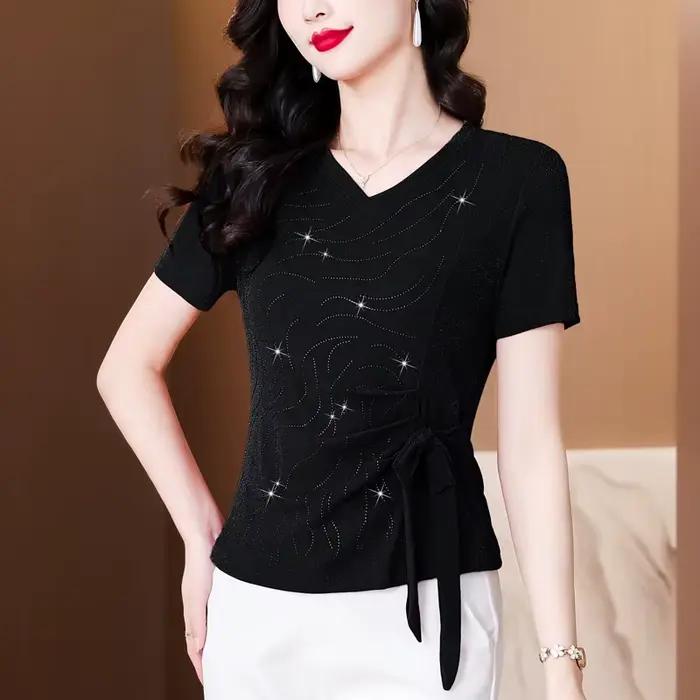 Nouveau T-shirt d'été pour femme, col en V, orné de strass, coupe ajustée, manches courtes, à lacets