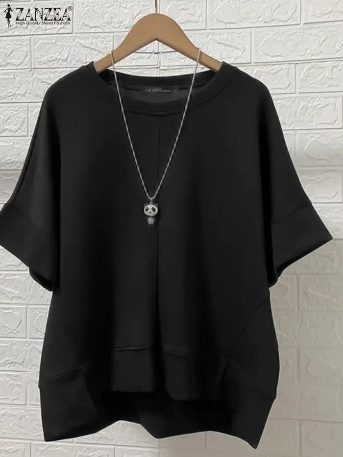 ZANZEA Streetwear ourlet asymétrique T-Shirts femmes décontracté col rond demi manches Patchwork T-S