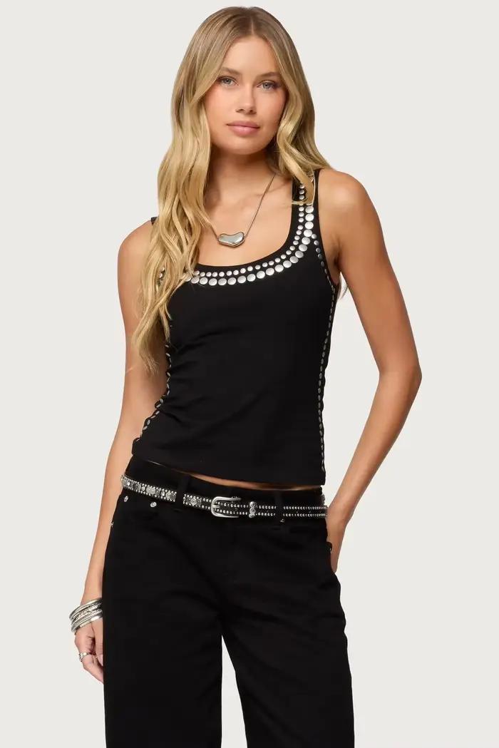 [You're My Secret] Débardeur Noir Femme Tendance Style Punk avec Rivets, Camisole Grise Sexy pour So