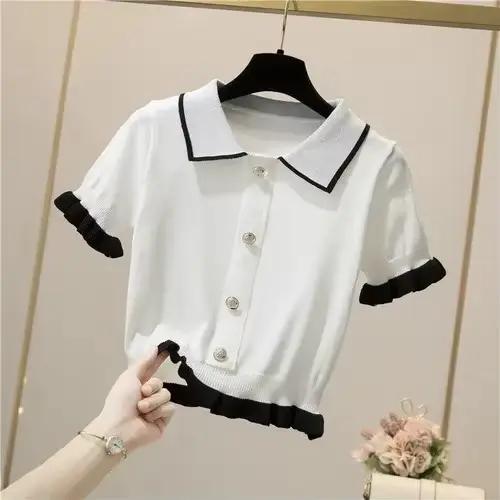T-shirt court Patchwork pour femmes, pulls à boutons, pull rayé, chemisier champignon, vêtements pou