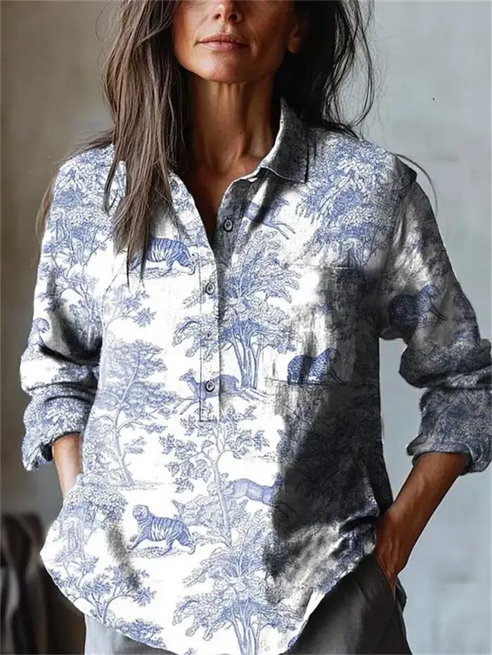 Chemise à manches longues pour femmes, imprimé à rabat, rayé, décontracté, grande taille, mode popul