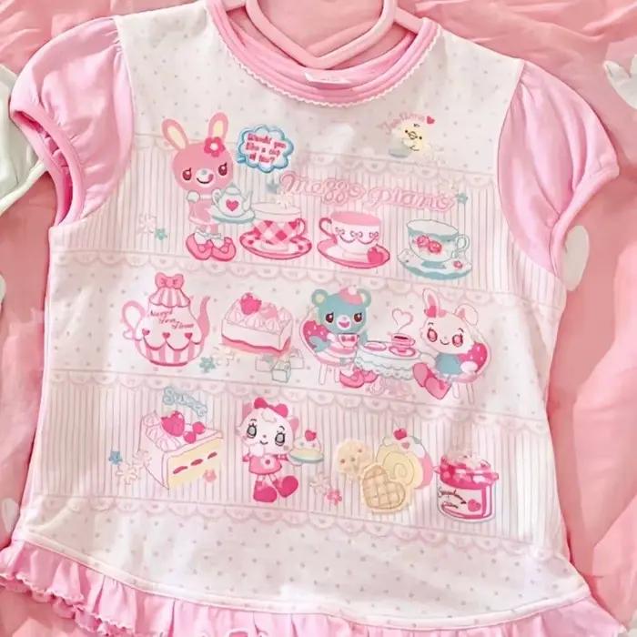 Haut à manches courtes à volants pour femmes, style japonais rétro, Lolita, Y2K, tenue féerique, gru