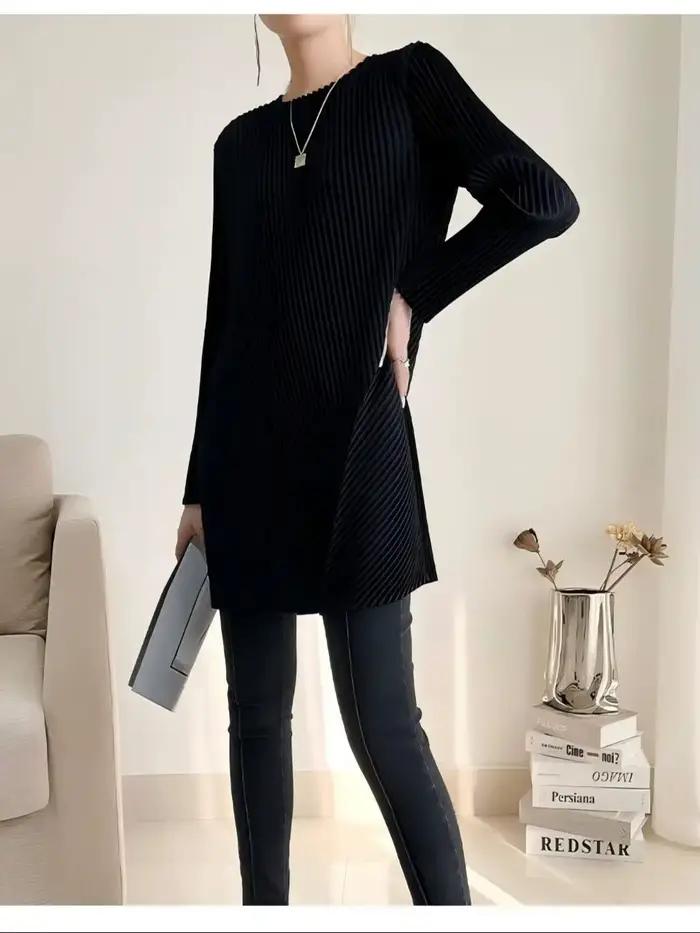 Haut plissé mi-long pour femme avec fentes, couvrant les hanches, amincissant, t-shirt noir à manche