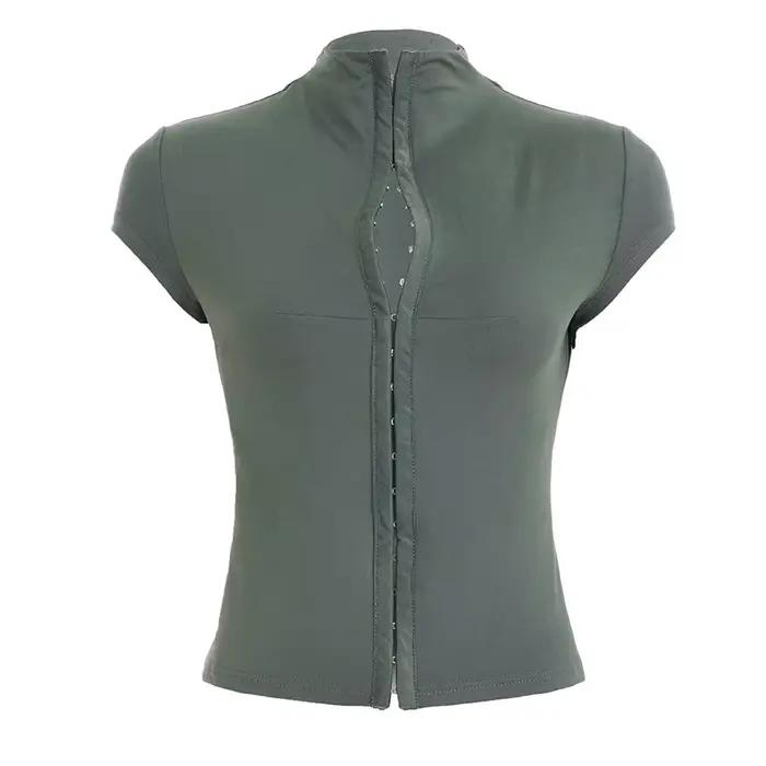 T-shirt court ajusté Y2K SUCHCUTE pour femme, uni, à manches courtes, boutonné sur le devant, style 