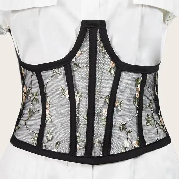 Corsets taille haute avec broderie florale, corset noir, maille vintage, voir à travers la taille, c
