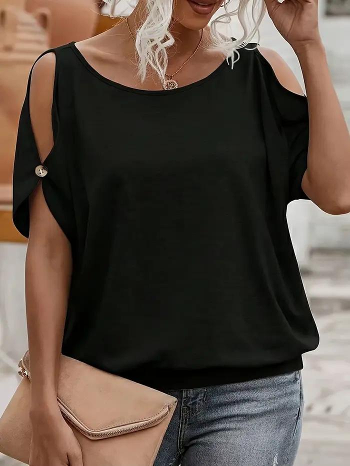 Haut T-shirt élégant et tendance à épaules dénudées et manche unique, ajouré, pour femme, nouvelle c