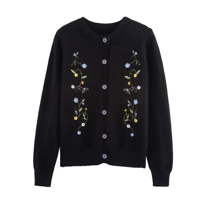 Cardigan Slim brodé de fleurs pour femme, col rond, simple boutonnage, Vintage, mode, manches longue
