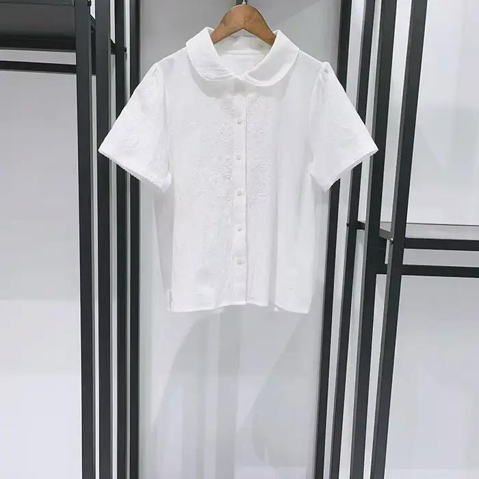 Chemisier Femme Brodé de Fleurs à Manches Courtes, Col Peter Pan, Boutonnage Simple, Décontracté, en