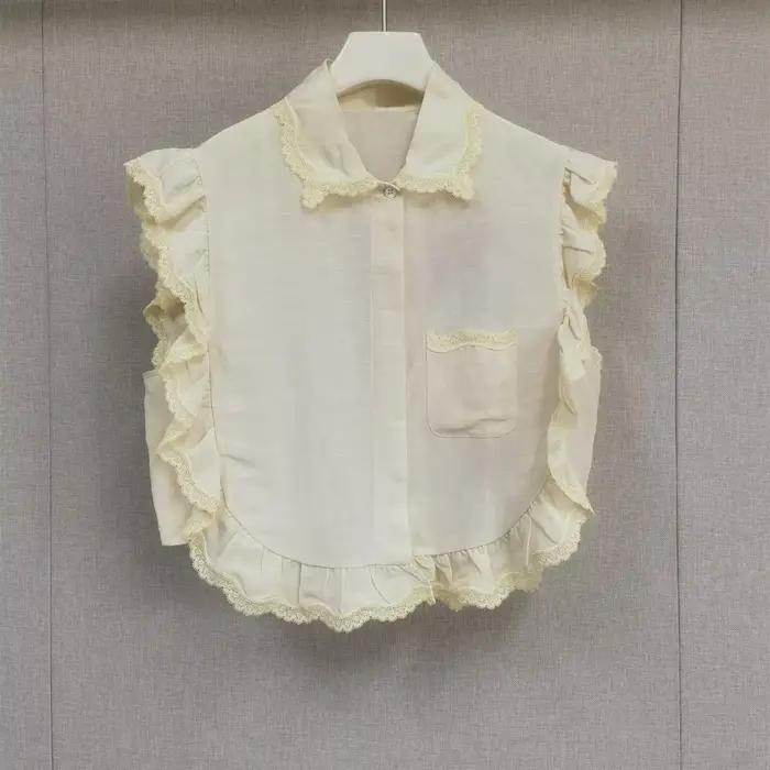 Chemise sans manches pour femme en dentelle à volants, couleur unie, à simple boutonnage, style fémi