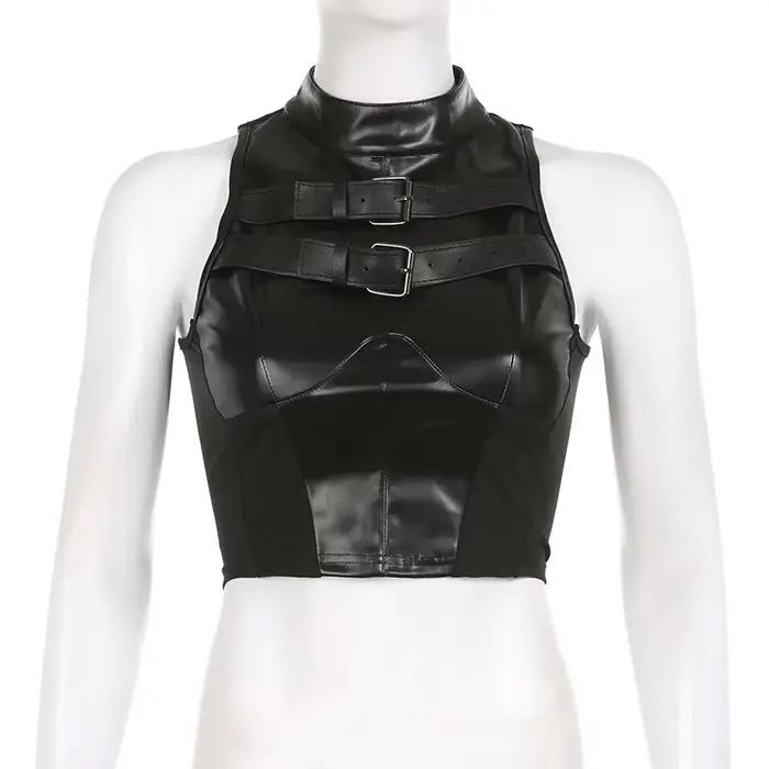 SUCHCUTE Style Punk en cuir PU Patchwork haut court femmes Grunge Biker sans manches Corset débardeu