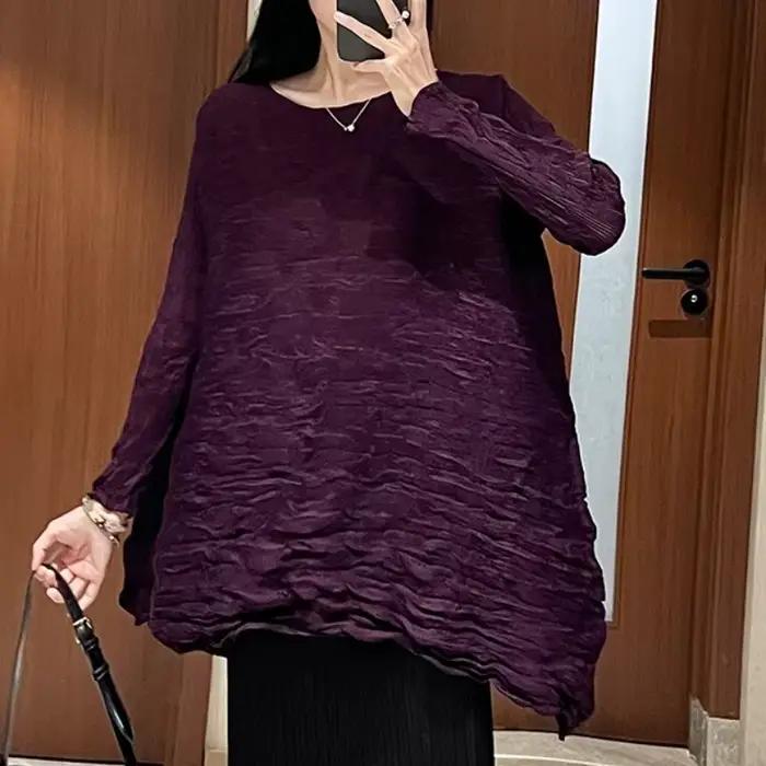 Haut plissé violet foncé pour femmes, chemisier surdimensionné à col rond, manches longues, coupe am