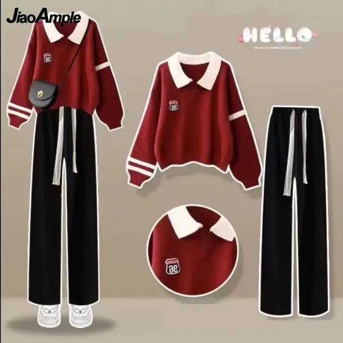 2025 printemps nouveau Polo pull + sport décontracté pantalon à jambes larges deux pièces femme surv