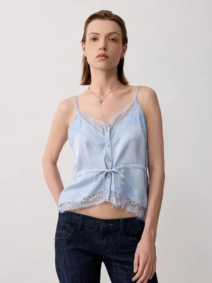 Tops en satin sexy à dentelle et ceinture pour femmes pour l'été