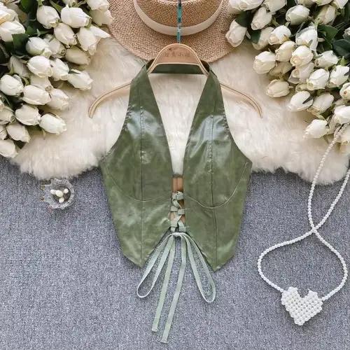 Haut en Cuir PU Épaules Dénudées à Lacets pour Femme, Camisole Chic Ajourée, Streetwear, Livraison D