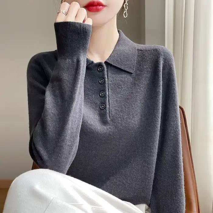 Pull à col polo 100% laine mérinos pour femme, pull en tricot à documents solides, mode coréenne, vê