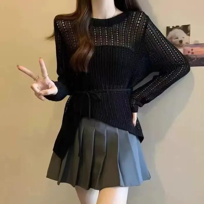 Chemisier fin populaire d'été climatisé, col rond, pull creux au crochet irrégulier pour vêtements d