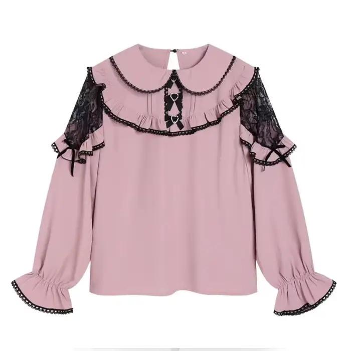 Chemise japonaise à volants en dentelle pour femmes, chemisier bleu Y2k avec nœud, Harajuku, hauts m