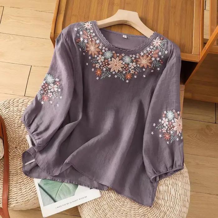 Chemise à fleurs brodée pour femmes, manches 3/4, col rond, en lin, haut décontracté