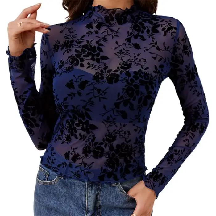 Chemisiers en maille sexy pour femmes, vêtements transparents à motif floral, col montant, manches l