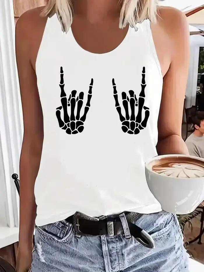 Débardeur graphique vintage à motif squelette rétro pour femme, sans manches, col rond, décontracté,