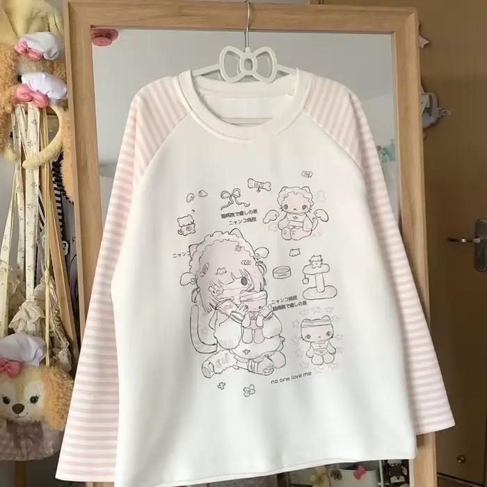 T-shirt à manches longues et col rond pour femme, sweat-shirt japonais mignon, haut esthétique Y2K, 