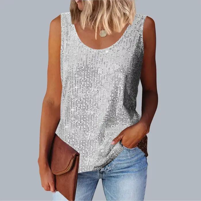 Débardeurs à paillettes or et argent pour femme, col en V, sans manches, style décontracté, pour sor
