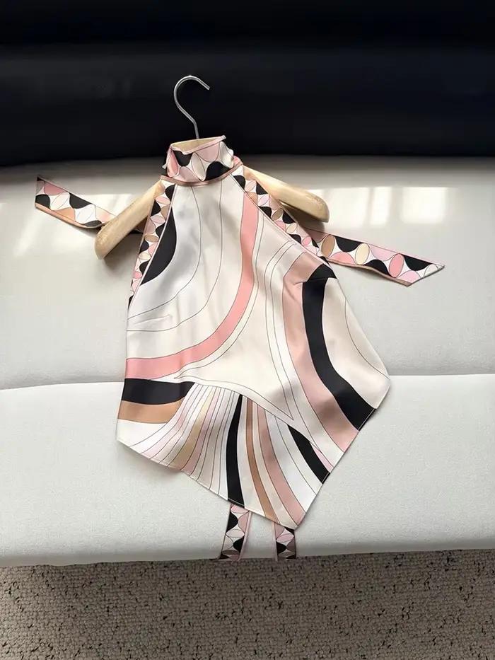 Haut en soie pour femme, style vintage à imprimé géométrique, pour l'été et les loisirs en plein air