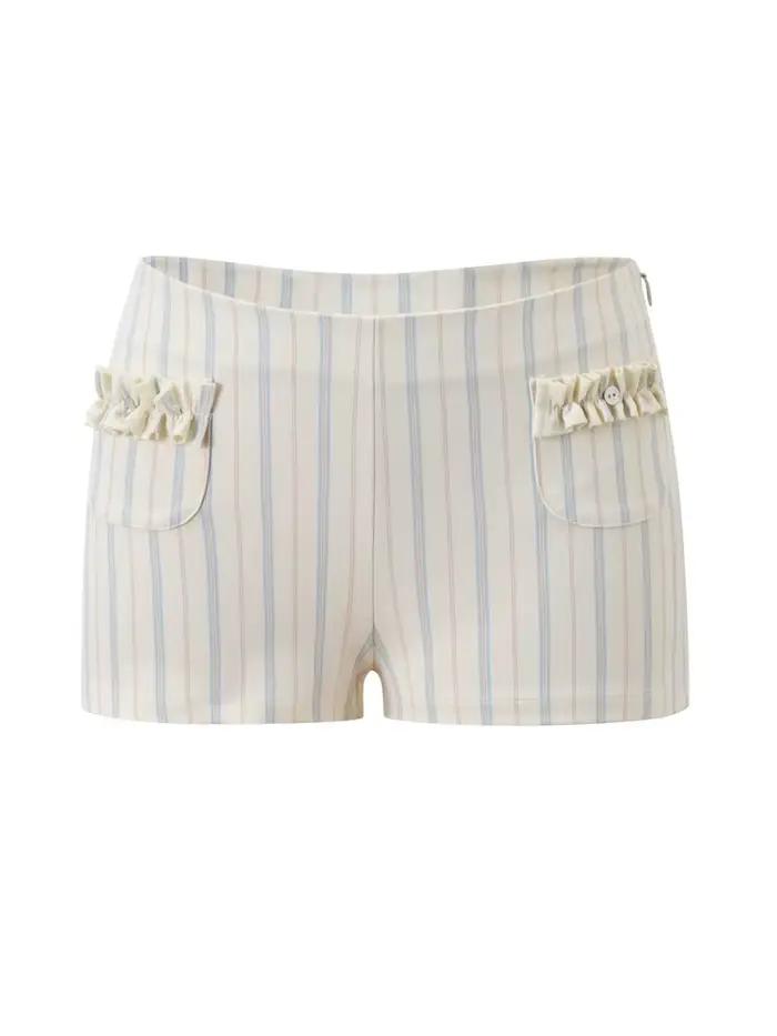 Ensemble 2 pièces chic à rayures pour femme : short et haut court sexy à volants, manches courtes, c