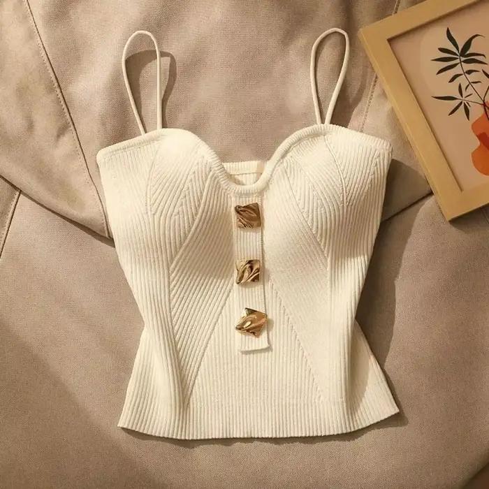 Camisole GO de style français avec sangle spaghetti pour femme, chemise en fibre, blanc, noir, avec 