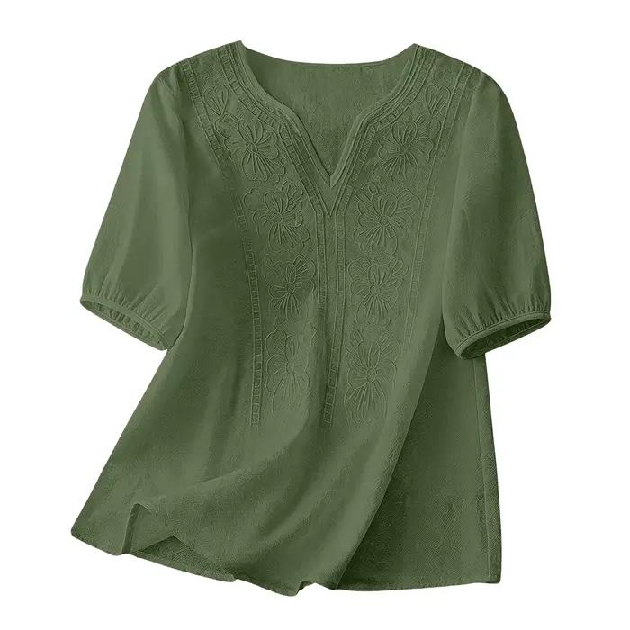 Chemisiers pour femmes, chemises vintage brodées, vêtements d'été amples, manches courtes, coton et 