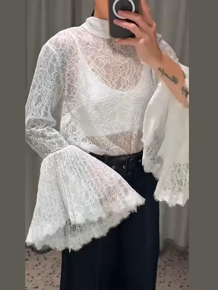 Chemises transparentes en dentelle à manches évasées pour femmes, Sexy, ajouré, manches longues, à l