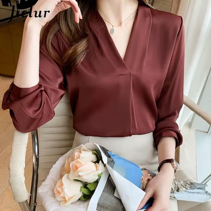Jielur – chemises blanches de bureau pour femmes, couleur unie, col en v, hauts Skinny à manches lon