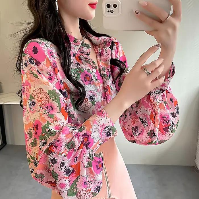 Chemise en mousseline de soie rose pour femme, haut fin, manches lanterne, mince, floral, à la mode,