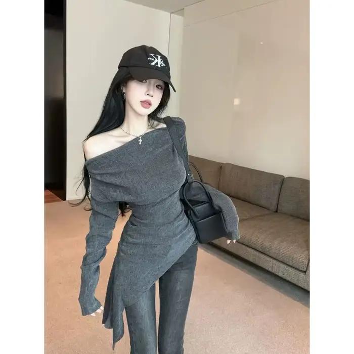 T-shirt deux pièces pour femmes, asymétrique épaule inclinée, cintré à la taille, plissé, amincissan