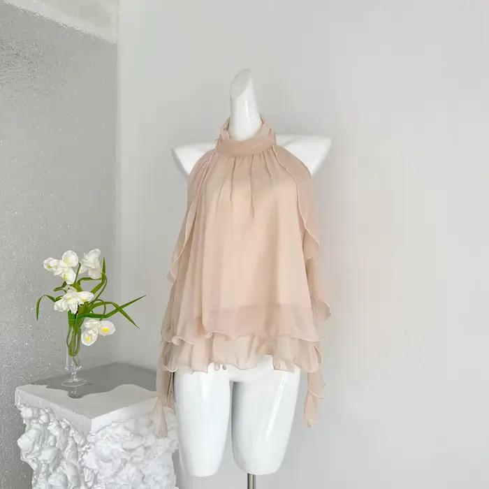 Haut à bretelles en mousseline de soie pour femme, style français, à col asymétrique et épaules dénu