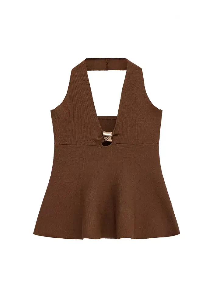 HH femmes été Simple boucle dorée Design haut femme élégant sans manches dos nu ourlet col suspendu solide