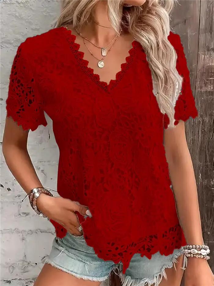 Chemise en dentelle pour femmes, col en V, manches courtes, polyester, décontractée, printemps été, occassions spéciales, bureau, détails élégants ```