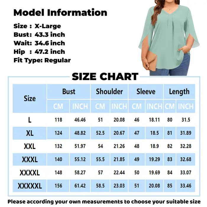 Grande taille hauts pour femmes col en v manches 3/4 couleur unie petit haut élégant pétale