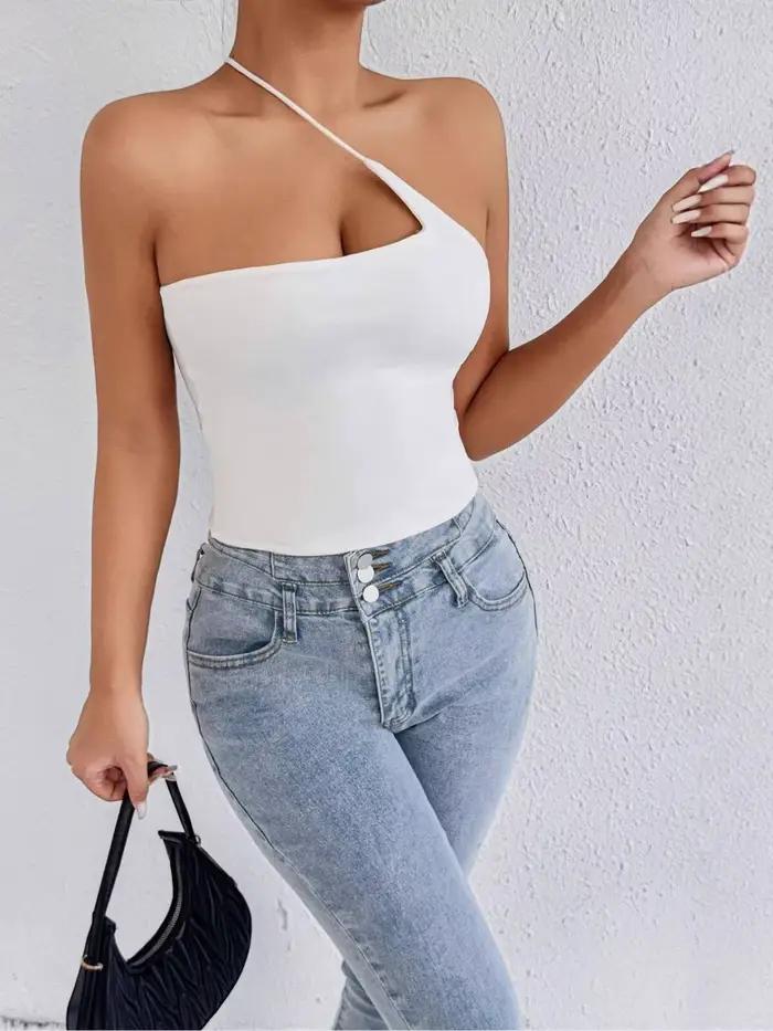 Haut court asymétrique blanc à une épaule pour femme