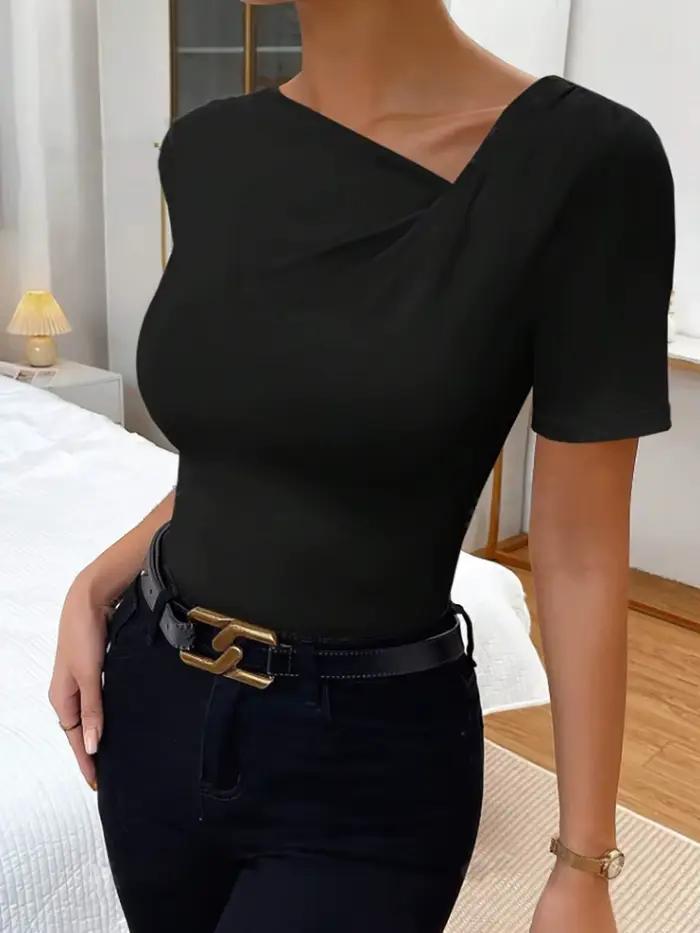 T-shirt Asymétrique Élégant en Polyester Noir pour Femmes Occasions Spéciales Bureau Soirées Nocturnes Printemps Été